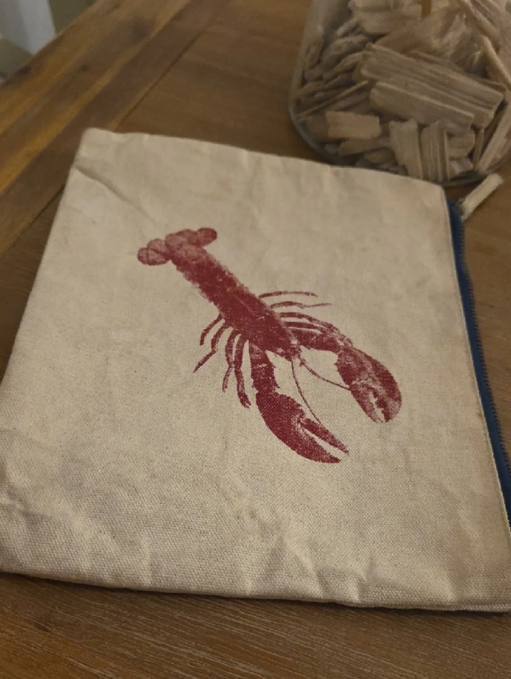 Canvas Lobster Zipper Pouch in Cream with Red Print